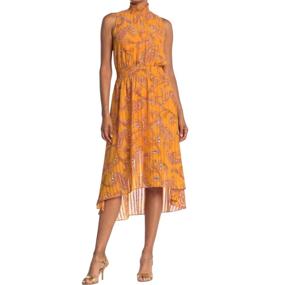 NEW Nanette Lepore High Low Gold Paisley Smocked Midi Dress Size 12